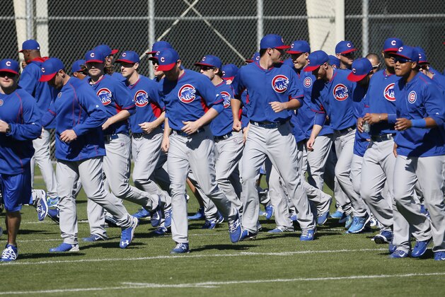 The Chicago Cubs take the field during a spring training baseball practice, Wednesday, Feb. 25, 2015, in Mesa, Ariz. (AP Photo/Matt York)