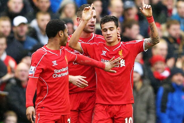 LIVERPOOL, ENGLAND - MARCH 01:  Philippe Coutinho #10 of Liverpool celebrates after scoring is team's second goal during the Barclays Premier League match between Liverpool and Manchester City at Anfield on March 1, 2015 in Liverpool, England.  (Photo by Clive Brunskill/Getty Images)