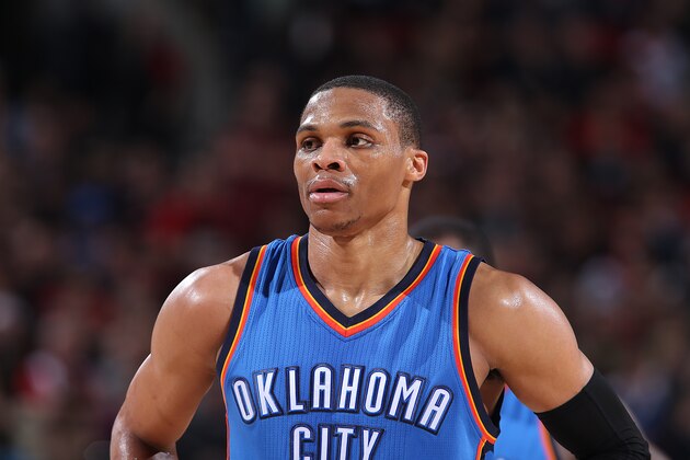 PORTLAND, OR - FEBRUARY 27:  Russell Westbrook #0 of the Oklahoma City Thunder during the game against the Portland Trail Blazers on February 27, 2015 at the Moda Center in Portland, Oregon. NOTE TO USER: User expressly acknowledges and agrees that, by downloading and or using this Photograph, user is consenting to the terms and conditions of the Getty Images License Agreement. Mandatory Copyright Notice: Copyright 2015 NBAE (Photo by Sam Forencich/NBAE via Getty Images)