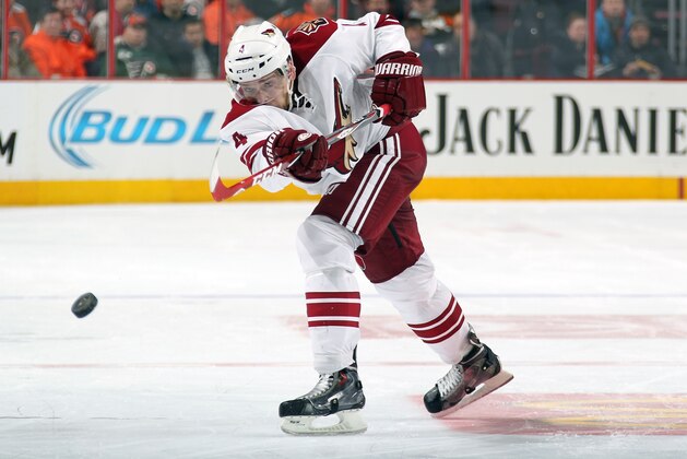 PHILADELPHIA, PA - JANUARY 27:  Zbynek Michalek #4 of the Arizona Coyotes shoots the puck against Philadelphia Flyers on January 27, 2015 at the Wells Fargo Center in Philadelphia, Pennsylvania.  (Photo by Len Redkoles/NHLI via Getty Images)