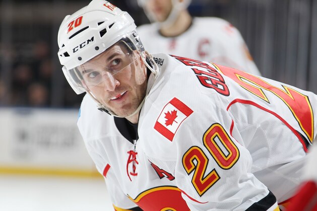 NEW YORK, NY - FEBRUARY 24:  Curtis Glencross #20 of the Calgary Flames looks on during a face-off against the New York Rangers at Madison Square Garden on February 24, 2015 in New York City. The New York Rangers won 1-0. (Photo by Jared Silber/NHLI via Getty Images)