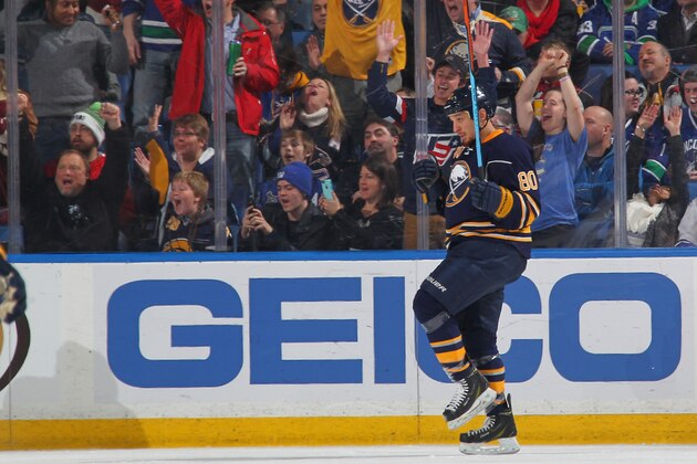 BUFFALO, NY - FEBRUARY 26: Chris Stewart #80 of the Buffalo Sabres celebrates his second period goal against the Vancouver Canucks on February 26, 2015 at the First Niagara Center in Buffalo, New York.  (Photo by Bill Wippert/NHLI via Getty Images)