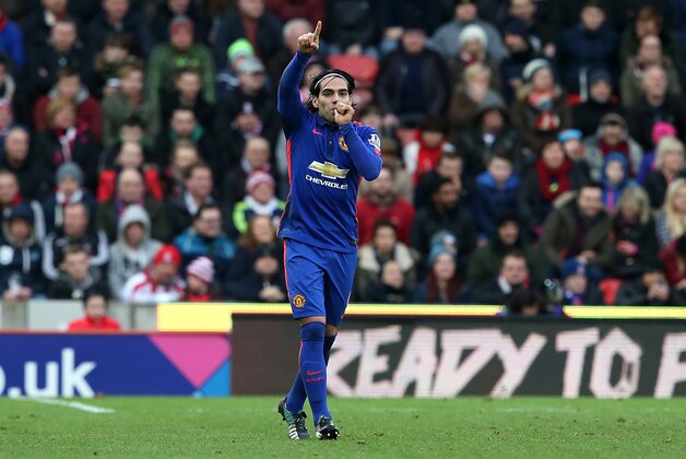 STOKE ON TRENT, ENGLAND - JANUARY 01:  Radamel Falcao of Manchester United  celebrates scoring his team's first goal during the Barclays Premier League match between Stoke City and Manchester United at Britannia Stadium on January 1, 2015 in Stoke on Trent, England.  (Photo by Jan Kruger/Getty Images)