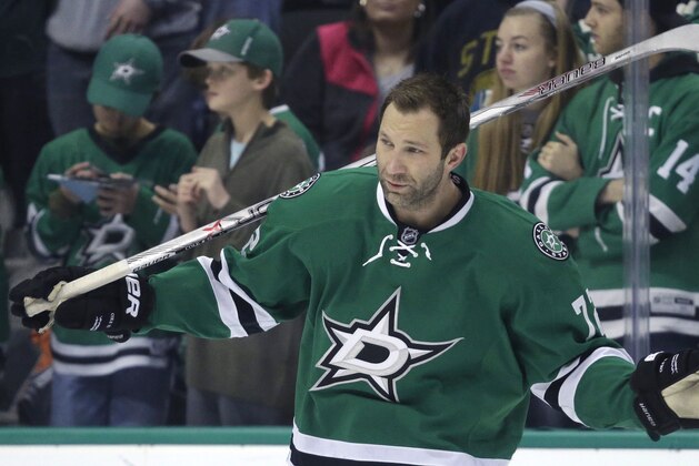 Dallas Stars right wing Erik Cole (72) skates the ice during warm ups before an NHL hockey game Friday, Feb. 27, 2015, in Dallas. (AP Photo/LM Otero)