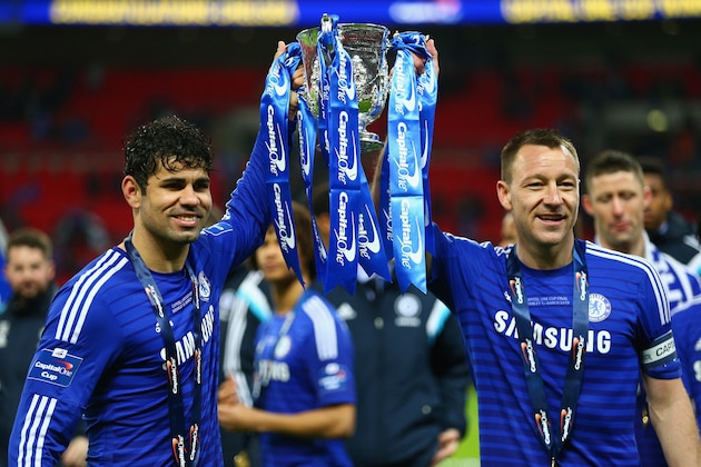 LONDON, ENGLAND - MARCH 01: Diego Costa and John Terry of Chelsea pose with the trophy during the Capital One Cup Final match between Chelsea and Tottenham Hotspur at Wembley Stadium on March 1, 2015 in London, England.  (Photo by Clive Mason/Getty Images)