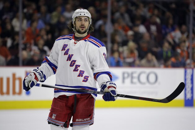 New York Rangers' Mats Zuccarello, of Norway, skates on the ice during a break in play during the first period of an NHL hockey game against the Philadelphia Flyers, Saturday, Feb. 28, 2015, in Philadelphia. Philadelphia won 4-2. (AP Photo/Matt Slocum)