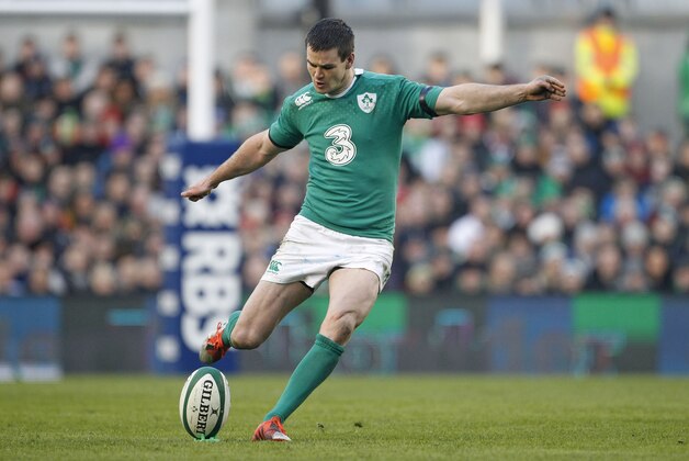 Ireland's Jonny Sexton kicks a penalty during the rugby union 6 nations match against England at the Aviva stadium, Dublin, Ireland, Sunday, March, 1, 2015.  (AP Photo/Peter Morrison)