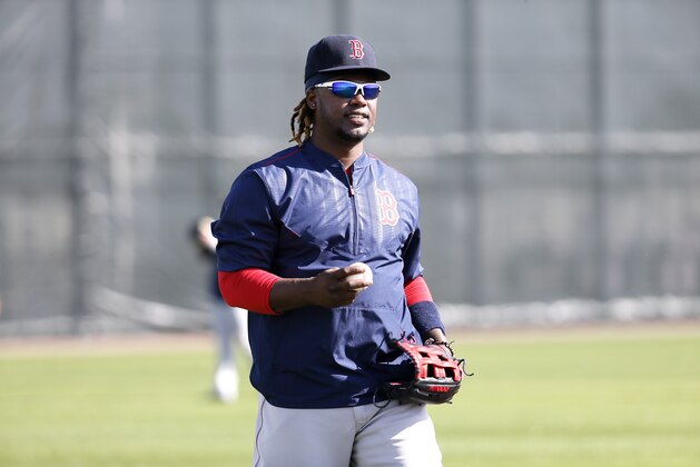 Boston Red Sox's Hanley Ramirez participates in drills during baseball spring training in Fort Myers Fla., Monday Feb. 23, 2015. (AP Photo/Tony Gutierrez)