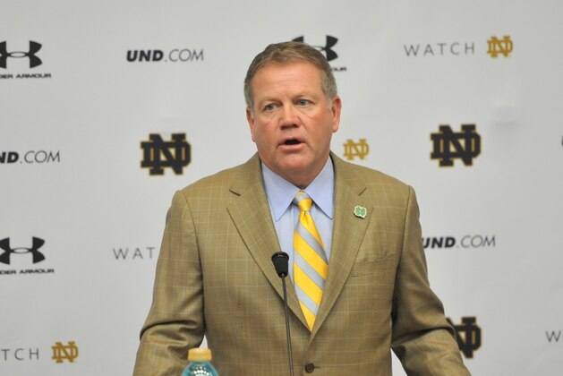 Notre Dame football coach Brian Kelly answers a question during a press conference Tuesday Oct. 7, 2014 in South Bend, Ind. Notre Dame will play North Carolina Saturday Oct. 18 in South Bend. (AP Photo/Joe Raymond)