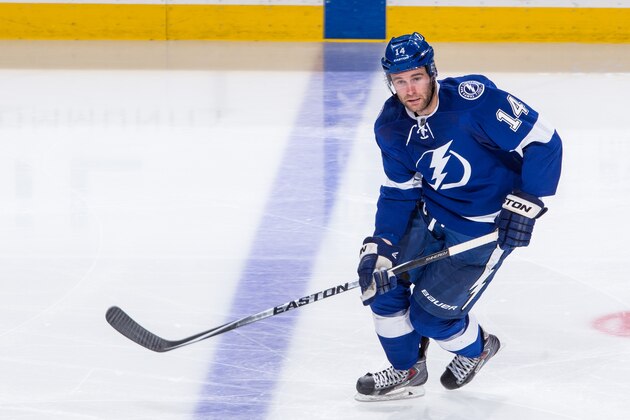 TAMPA, FL - FEBRUARY 12: Brett Connolly #14 of the Tampa Bay Lightning skates against the St. Louis Blues during the third period at the Amalie Arena on February 12, 2015 in Tampa, Florida.  (Photo by Scott Audette/NHLI via Getty Images)