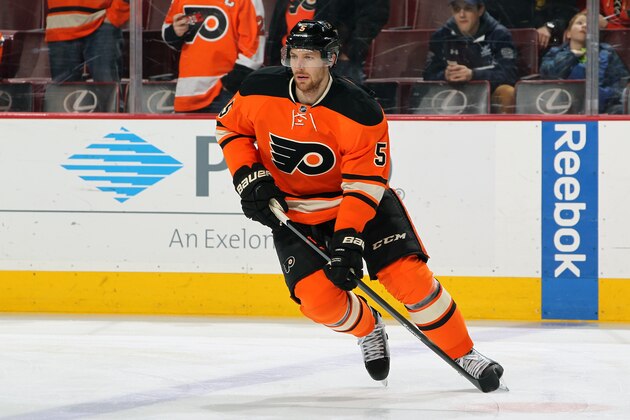 PHILADELPHIA, PA - JANUARY 10:  Braydon Coburn #5 of the Philadelphia Flyers warms up prior to his game against the Boston Bruins on January 10, 2015 at the Wells Fargo Center in Philadelphia, Pennsylvania.  (Photo by Len Redkoles/NHLI via Getty Images)