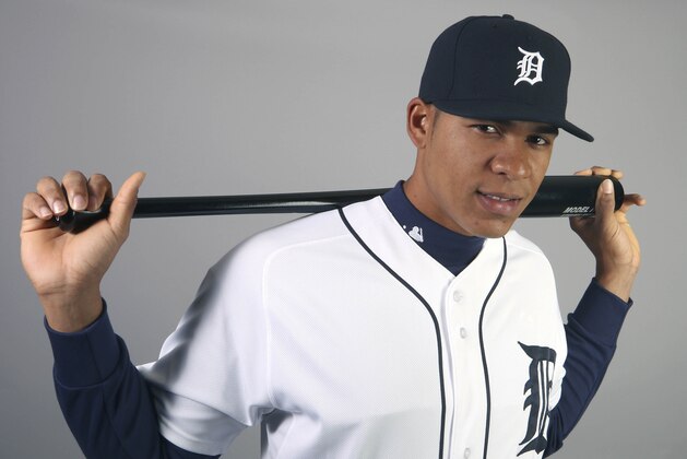 Feb 28, 2015; Lakeland, FL, USA;Detroit Tigers left fielder Steven Moya (33) poses during Photo day at Joker Merchant Stadium. Mandatory Credit: Reinhold Matay-USA TODAY Sports