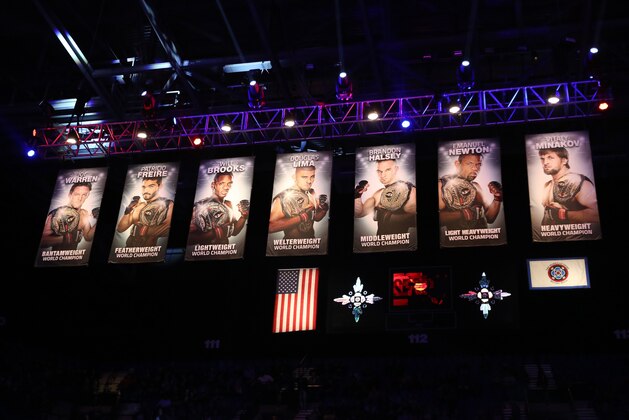 Banners of the Bellator champions hang from the rafters at Bellator 134 on Friday, Feb. 27, 2015, in Uncasville, CT.   (AP Photo/Gregory Payan)