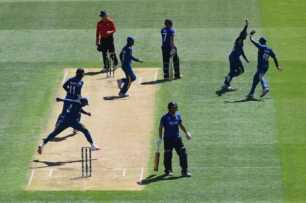 WELLINGTON, NEW ZEALAND - MARCH 01:  Gary Ballance of England loses his wicket to T.M Dilshan of Sri Lanka during the 2015 ICC Cricket World Cup match between England and Sri Lanka at Wellington Regional Stadium on March 1, 2015 in Wellington, New Zealand.  (Photo by Shaun Botterill/Getty Images)