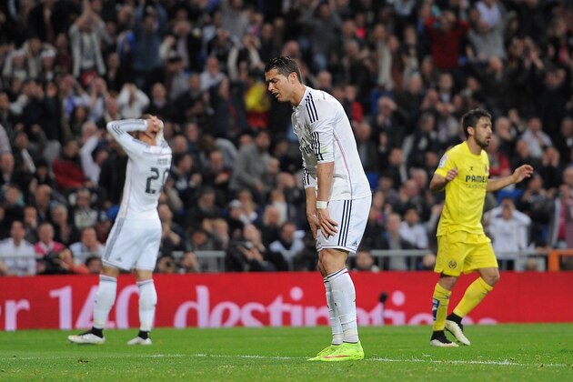 MADRID, SPAIN - MARCH 01:  Cristiano Ronaldo of Real Madridreacts during the La Liga match between Real Madrid and Villarreal at Estadio Santiago Bernabeu on March 1, 2015 in Madrid, Spain.  (Photo by Denis Doyle/Getty Images)