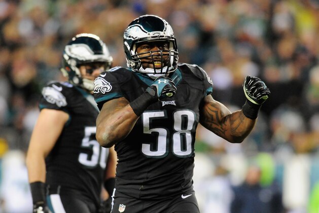 PHILADELPHIA, PA - DECEMBER 07:   Trent Cole #58 of the Philadelphia Eagles reacts against the Seattle Seahawks during the second half of the game at Lincoln Financial Field on December 7, 2014 in Philadelphia, Pennsylvania.  (Photo by Evan Habeeb/Getty Images)