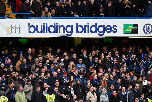 LONDON, ENGLAND - FEBRUARY 21:  Chelsea fans hold up an Anti Racism banner prior to kickoff during the Barclays Premier League match between Chelsea and Burnley at Stamford Bridge on February 21, 2015 in London, England.  (Photo by Julian Finney/Getty Images)