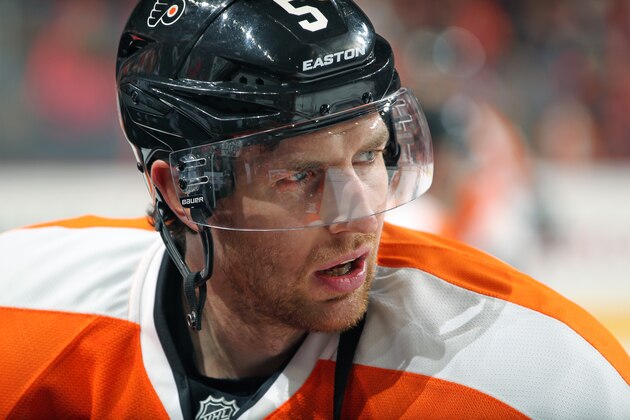 PHILADELPHIA, PA - DECEMBER 18:  Braydon Coburn #5 of the Philadelphia Flyers looks on during warm ups prior to his game against the Florida Panthers on December 18, 2014 at the Wells Fargo Center in Philadelphia, Pennsylvania.  (Photo by Len Redkoles/NHLI via Getty Images)