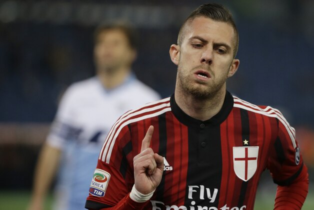 AC Milan's Jeremy Menez celebrates after scoring during a Serie A soccer match between Lazio and AC Milan in Rome's Olympic stadium, Saturday, Jan. 24, 2015. (AP Photo/Gregorio Borgia)