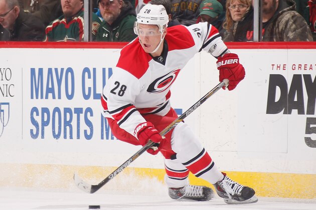 ST. PAUL, MN - FEBRUARY 14: Alexander Semin #28 of the Carolina Hurricanes skates with the puck against the Minnesota Wild during the game on February 14, 2015 at the Xcel Energy Center in St. Paul, Minnesota. (Photo by Bruce Kluckhohn/NHLI via Getty Images)