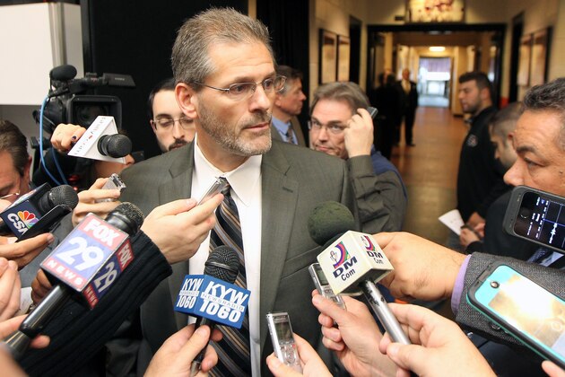 PHILADELPHIA, PA - NOVEMBER 04:  Philadelphia Flyers General Manager Ron Hextall speaks to the media after his team defeated the Edmonton Oilers 4-1 on November 4, 2014 at the Wells Fargo Center in Philadelphia, Pennsylvania.  (Photo by Len Redkoles/NHLI via Getty Images)