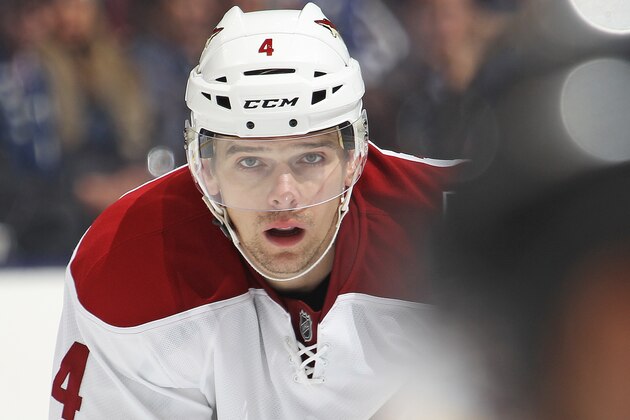 TORONTO, ON - JANUARY 29:  Zbynek Michalek #4 of the Arizona Coyotes waits for a faceoff against the Toronto Maple Leafs during an NHL game at the Air Canada Centre on January 29, 2015 in Toronto, Ontario, Canada. The Coyotes defeated the Leafs 3-1. (Photo by Claus Andersen/Getty Images)