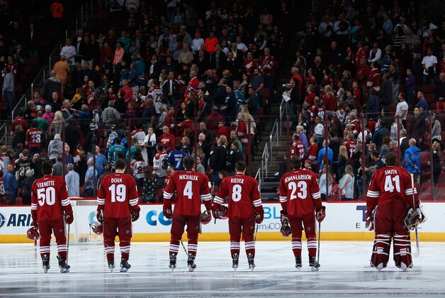 GLENDALE, AZ - FEBRUARY 13:  (L-R) Antoine Vermette #50, Shane Doan #19, Zbynek Michalek #4, Tobias Rieder #8, Oliver Ekman-Larsson #23 and goaltender Mike Smith #41 of the Arizona Coyotes before the NHL game against the San Jose Sharks at Gila River Arena on February 13, 2015 in Glendale, Arizona.  The Sharks defeated the Coyotes 4-2.  (Photo by Christian Petersen/Getty Images)