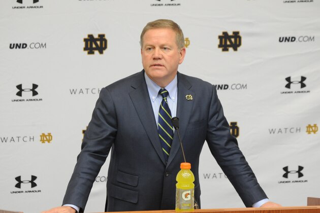 Notr Dame football coach Brian Kelly talks to the media about his 2015 recruiting class in South Bend, Ind. Wednesday Feb. 4, 2015. (AP Photo/Joe Raymond)