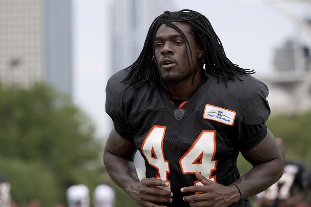 Jul 26, 2014; Cincinnati, OH, USA; Cincinnati Bengals cornerback Victor Hampton (44) during training camp at Paul Brown Stadium. Mandatory Credit: Aaron Doster-USA TODAY Sports