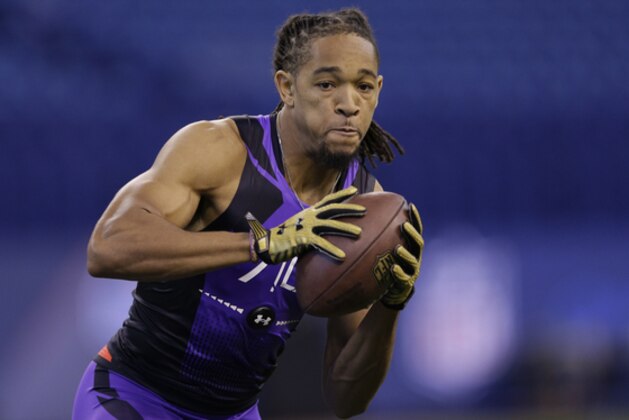 LSU defensive back Jalen Collins runs a drill at the NFL football scouting combine in Indianapolis, Monday, Feb. 23, 2015. (AP Photo/David J. Phillip)