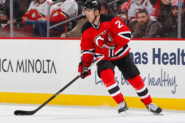 NEWARK, NJ - FEBRUARY 25: Marek Zidlicky #2 of the New Jersey Devils plays the puck during the game against the Calgary Flames at the Prudential Center on February 25, 2015 in Newark, New Jersey. (Photo by Andy Marlin/NHLI via Getty Images)