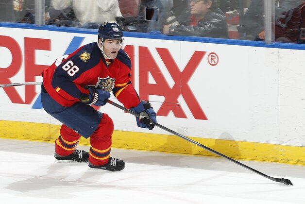 Florida Panthers forward Jaromir Jagr (68) skates up ice with the puck against Buffalo Sabres during the third period of an NHL hockey game, Saturday, Feb. 28, 2015, in Sunrise, Fla. The Panthers defeated the Sabres 5-3. (AP Photo/Joel Auerbach)