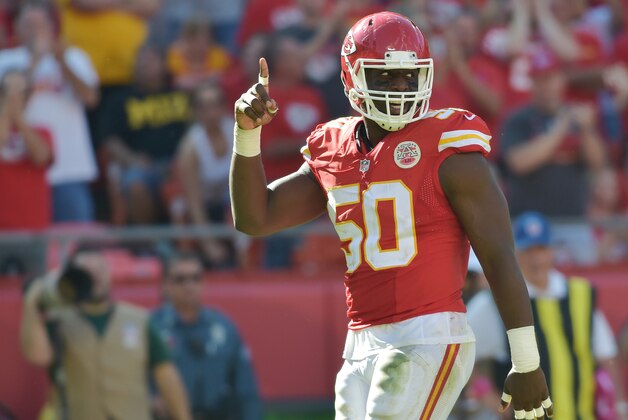 Oct 26, 2014; Kansas City, MO, USA; Kansas City Chiefs outside linebacker Justin Houston (50) celebrates after sacking St. Louis Rams quarterback Austin Davis (9) (not pictured) during the second half at Arrowhead Stadium. The Chiefs won 34-7. Mandatory Credit: Denny Medley-USA TODAY Sports