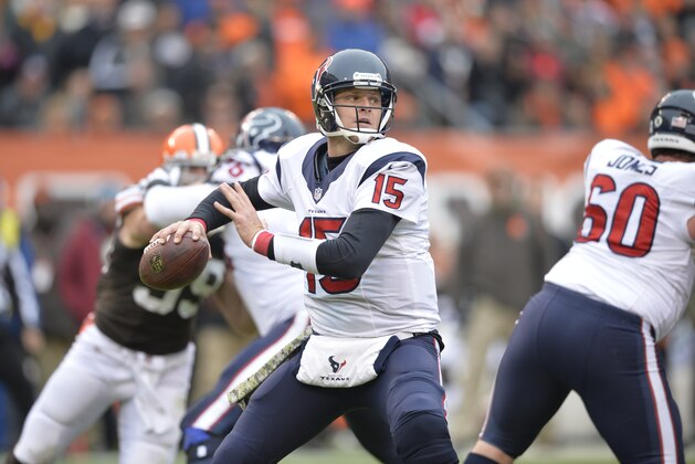 Houston Texans quarterback Ryan Mallett (15) drops back to pass against the Cleveland Browns during an NFL football game Sunday, Nov. 16, 2014, in Cleveland. Houston won 23-7. (AP Photo/David Richard)