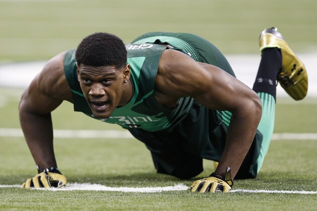 INDIANAPOLIS, IN - FEBRUARY 22: Defensive lineman Randy Gregory of Nebraska competes during the 2015 NFL Scouting Combine at Lucas Oil Stadium on February 22, 2015 in Indianapolis, Indiana. (Photo by Joe Robbins/Getty Images)