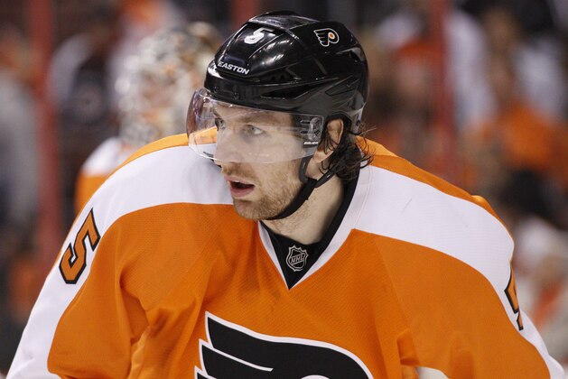Philadelphia Flyers' Braydon Coburn looks on during the second period in Game 4 of an NHL hockey first-round playoff series against the New York Rangers, Friday, April 25, 2014, in Philadelphia. The Flyers won 2-1. (AP Photo/Chris Szagola)