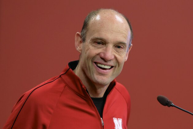 Nebraska head coach Mike Riley laughs during a news conference in Lincoln, Neb., Wednesday, Feb. 4, 2015, as he unveils his first NCAA college football recruiting class on national signing day. (AP Photo/Nati Harnik)