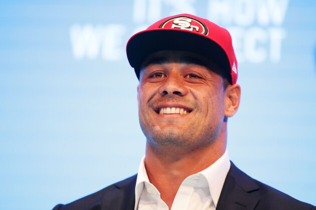 SYDNEY, AUSTRALIA - MARCH 03:  Jarryd Hayne speaks to the media during a press conference at the Telstra Amphitheatre on March 3, 2015 in Sydney, Australia. Hayne has signed a NFL futures contract with the San Francisco 49ers.  (Photo by Matt King/Getty Images)