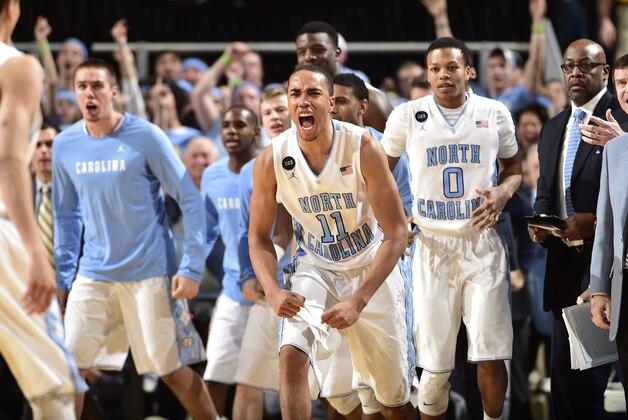 Feb 24, 2015; Chapel Hill, NC, USA; North Carolina Tar Heels forward Brice Johnson (11) reacts in the second half. The North Carolina State Wolfpack defeated the North Carolina Tar Heels 58-46 at Dean E. Smith Center. Mandatory Credit: Bob Donnan-USA TODAY Sports