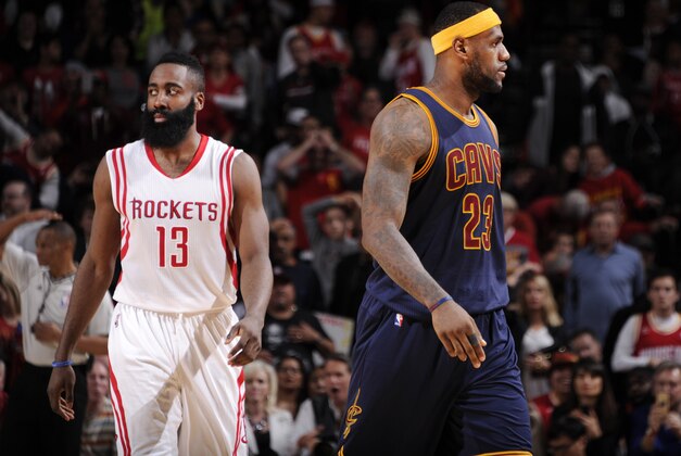 HOUSTON, TX - MARCH 1: James Harden #13 of the Houston Rockets and LeBron James #23 of the Cleveland Cavaliers during the game on March 1, 2015 at the Toyota Center in Houston, Texas. NOTE TO USER: User expressly acknowledges and agrees that, by downloading and or using this photograph, User is consenting to the terms and conditions of the Getty Images License Agreement. Mandatory Copyright Notice: Copyright 2015 NBAE (Photo by Bill Baptist/NBAE via Getty Images)