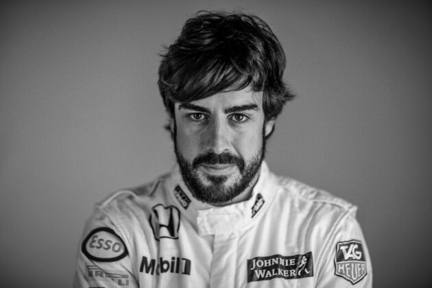 MONTMELO, SPAIN - FEBRUARY 21:  (EDITORS NOTE: This image was converted to black and white and processed using digital filters) Fernando Alonso of Spain and McLaren Honda poses for a portrait during day three of Formula One Winter Testing at Circuit de Catalunya on February 21, 2015 in Montmelo, Spain.  (Photo by Mark Thompson/Getty Images)