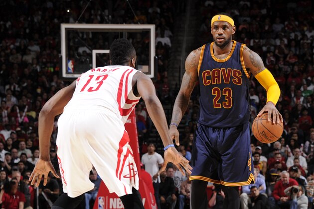 HOUSTON, TX - MARCH 1: LeBron James #23 of the Cleveland Cavaliers defends the ball against James Harden #13 of the Houston Rockets during the game on March 1, 2015 at the Toyota Center in Houston, Texas. NOTE TO USER: User expressly acknowledges and agrees that, by downloading and or using this photograph, User is consenting to the terms and conditions of the Getty Images License Agreement. Mandatory Copyright Notice: Copyright 2015 NBAE (Photo by Bill Baptist/NBAE via Getty Images)