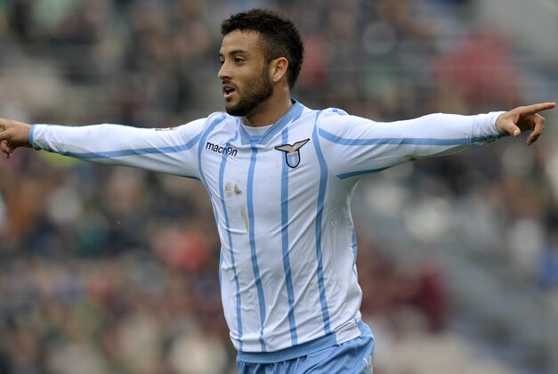 Lazio's Felipe Anderson celebrates after scoring during a Serie A soccer match against Sassuolo, at Reggio Emilia's Mapei stadium, Italy, Sunday, March 1, 2015. (AP Photo/Marco Vasini)