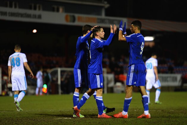 ALDERSHOT, ENGLAND - FEBRUARY 25:  Charlie Colkett of Chelsea celebrates scoring their third goal from the penalty spot with Dominic Solanke during the Round of 16 in the UEFA Youth League match between Chelsea Fc and FC Zenit at the ESS Stadium on February 25, 2015 in Aldershot, England.  (Photo by Christopher Lee/Getty Images)