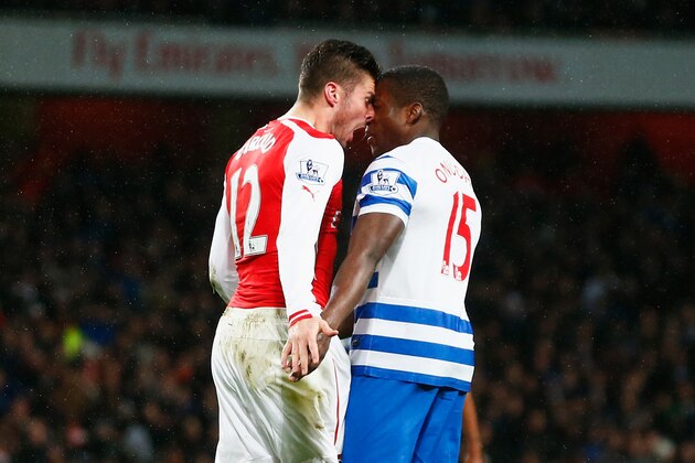 LONDON, ENGLAND - DECEMBER 26:  Olivier Giroud of Arsenal head butts Nedum Onuoha of QPR and is sent off during the Barclays Premier League match between Arsenal and Queens Park Rangers at Emirates Stadium on December 26, 2014 in London, England.  (Photo by Julian Finney/Getty Images)