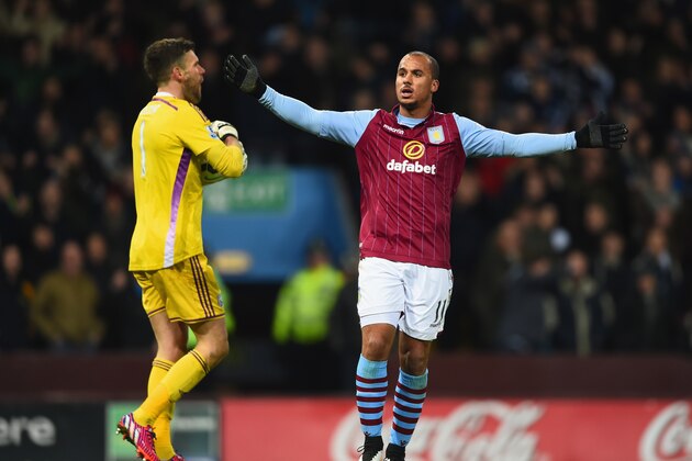 BIRMINGHAM, ENGLAND - MARCH 03:  Gabriel Agbonlahor of Aston Villa reacts after goal line technology ruled his effort on goal to not cross the line during the Barclays Premier League match between Aston Villa and West Bromwich Albion at Villa Park on March 3, 2015 in Birmingham, England.  (Photo by Laurence Griffiths/Getty Images)