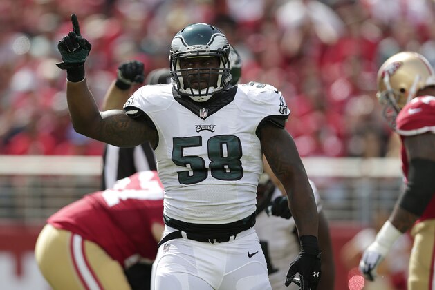Philadelphia Eagles outside linebacker Trent Cole (58) against the San Francisco 49ers during the first half of an NFL football game in Santa Clara, Calif., Sunday, Sept. 28, 2014. (AP Photo/Marcio Jose Sanchez)