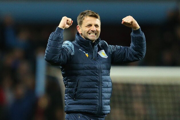 BIRMINGHAM, ENGLAND - MARCH 03:  Manager Tim Sherwood of Aston Villa celebrates the 2-1 victory on the pitch after the Barclays Premier League match between Aston Villa and West Bromwich Albion at Villa Park on March 3, 2015 in Birmingham, England.  (Photo by Clive Mason/Getty Images)