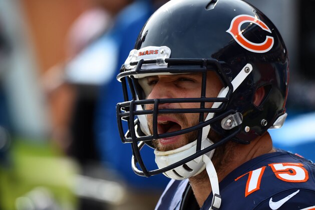 Oct 19, 2014; Chicago, IL, USA; Chicago Bears guard Kyle Long (75) during the first quarter at Soldier Field. Mandatory Credit: Mike DiNovo-USA TODAY Sports
