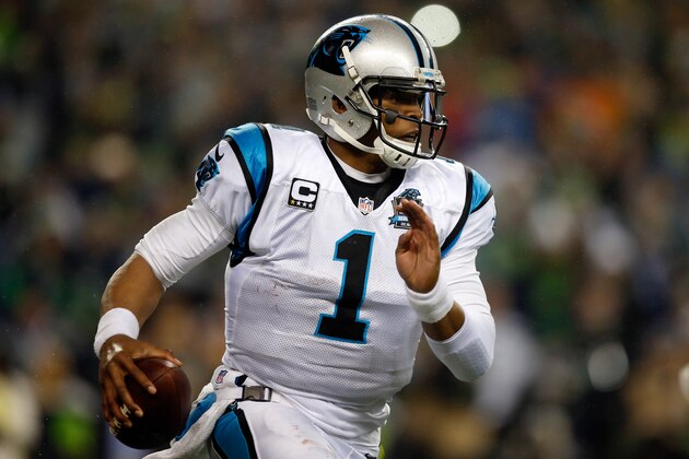 SEATTLE, WA - JANUARY 10:  Cam Newton #1 of the Carolina Panthers in action against the Seattle Seahawks during the 2015 NFC Divisional Playoff game at CenturyLink Field on January 10, 2015 in Seattle, Washington.  (Photo by Otto Greule Jr/Getty Images)